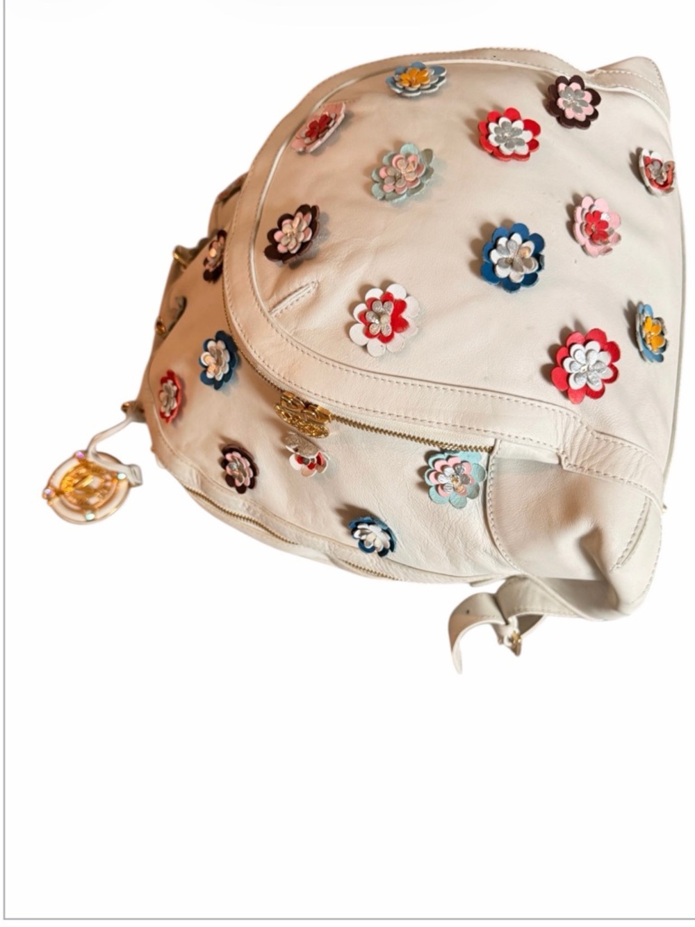 Marino Orlandi Cream Leather Backpack with Multicolor Floral Appliqués - Picture 3 of 7